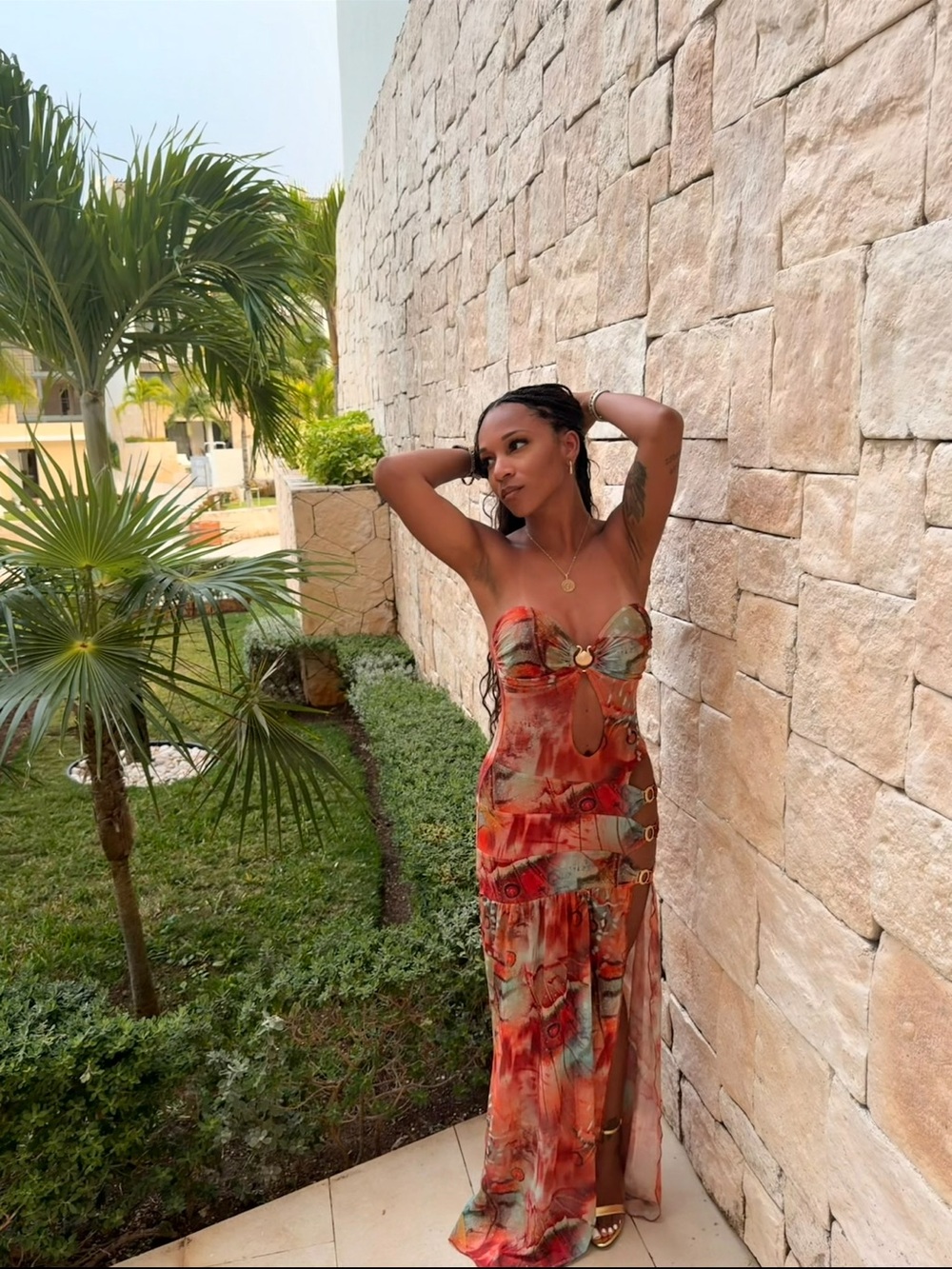 OUTCAST Strapless Orange Multicolor Cutout Maxi Dress - Picture 3 of 3